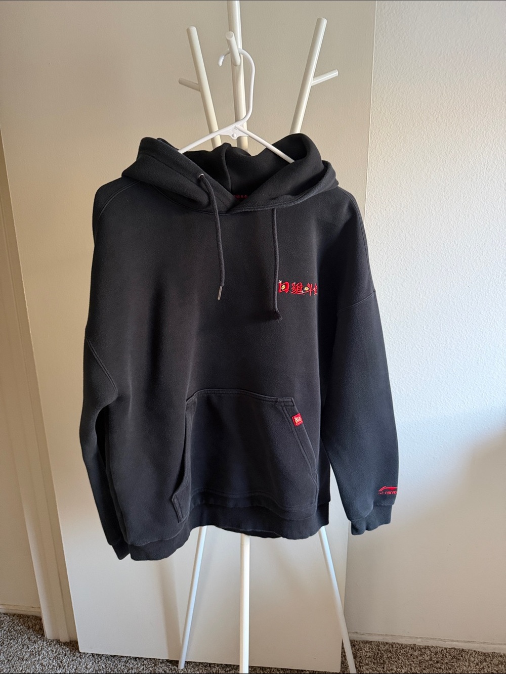 Black Hoodie with Red Embroidered Logo - Men's Casual Pullover